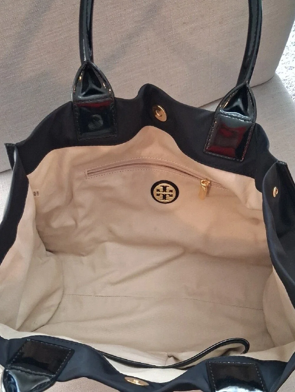 Tory Burch Black Nylon Tote with Patent Trim and Logo